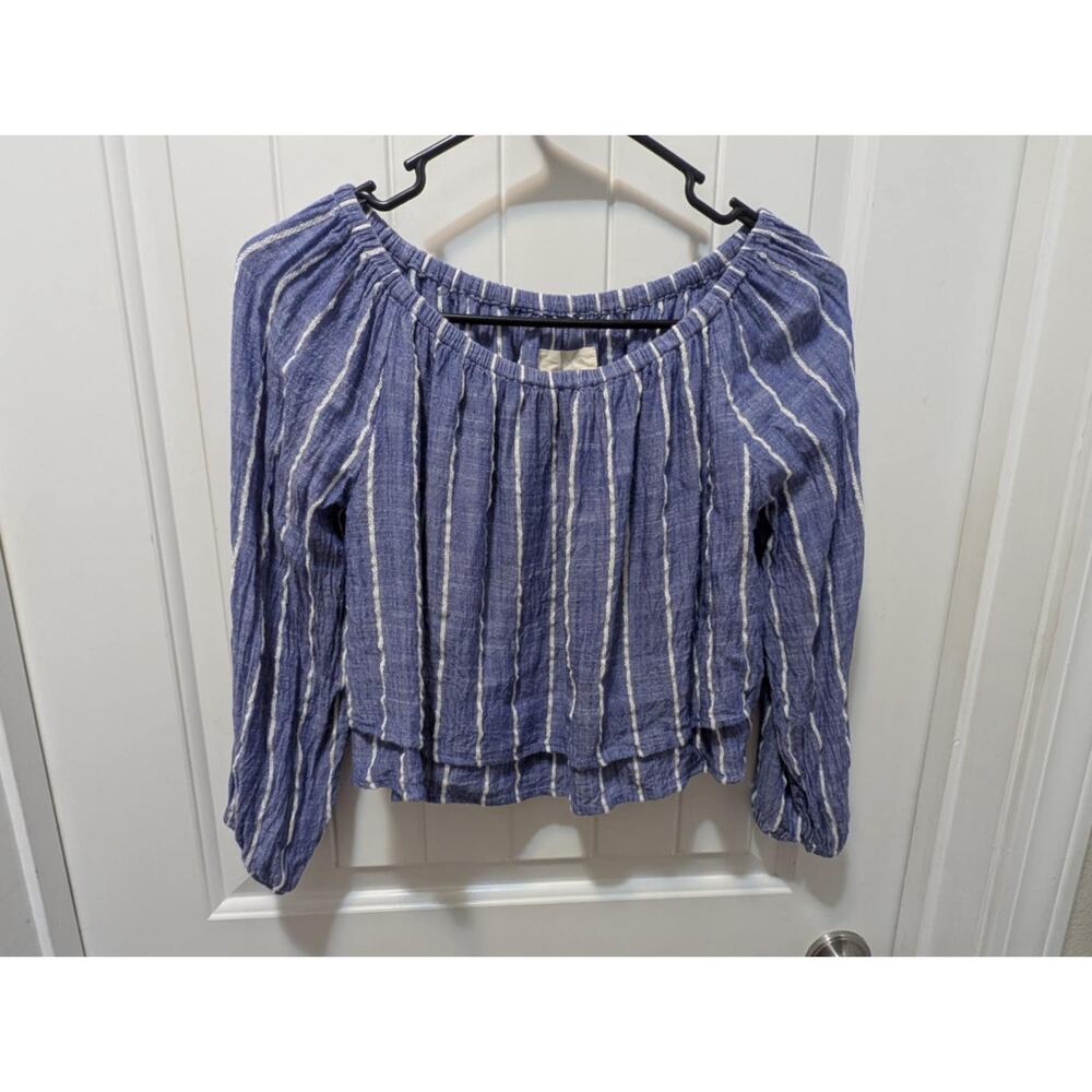 Thread & Supply Shirt Women's M Blue White Striped Flowy Casual Cropped Swing